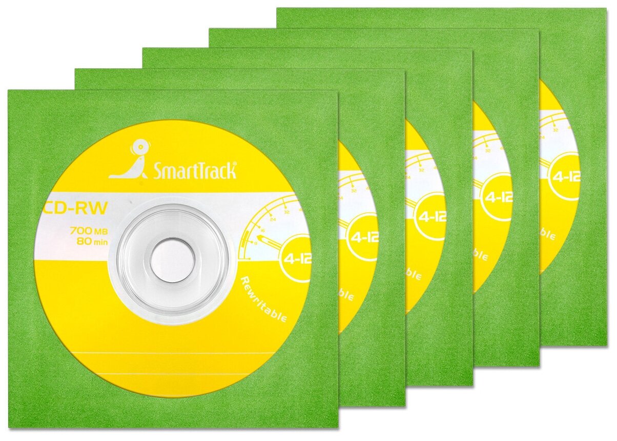 Перезаписываемый диск SmartTrack CD-RW 700Mb 12x в бумажном конверте с окном, зеленый, 1 шт.