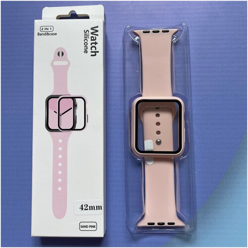 Ремешок для Apple Watch 1-7 42 мм силиконовый эластичный Розовый / Защитное стекло на Apple Watch 1-7 42 мм