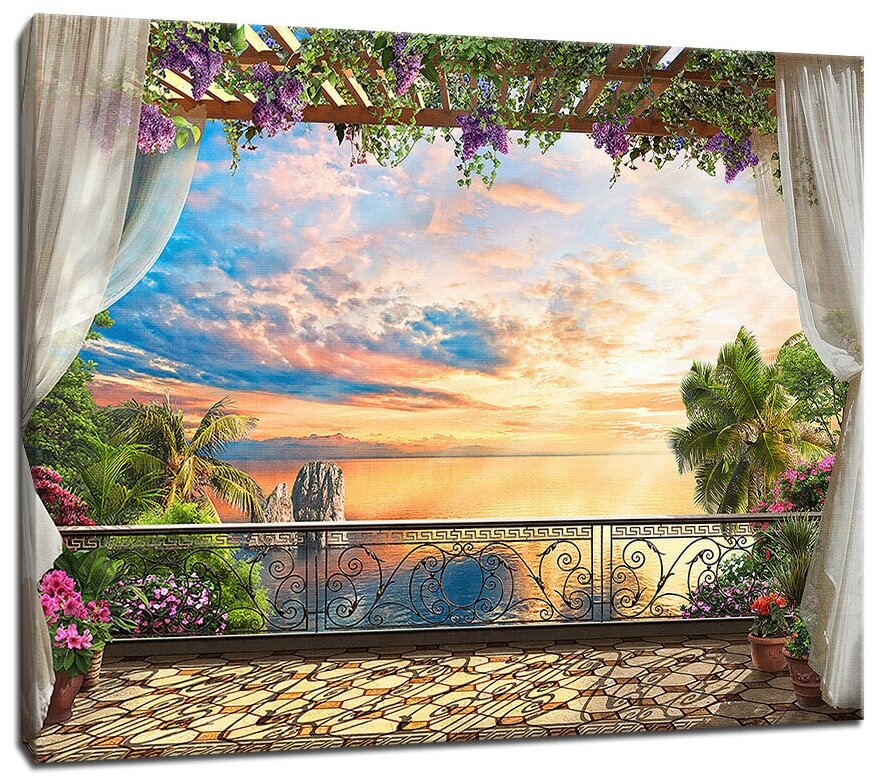 Картина Уютная стена "Цветущий балкон с видом на океан" 80х60 см