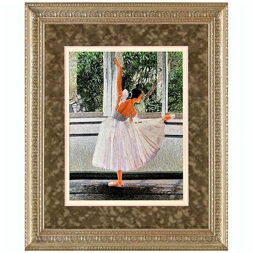 Картина вышитая шелком Балерина у окна в весенний сад ручной работы/см 71х81х3/багет+паспарту