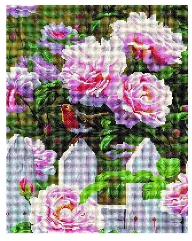 Алмазная мозаика "Птичка у куста роз" 40x50 см Арт Фея