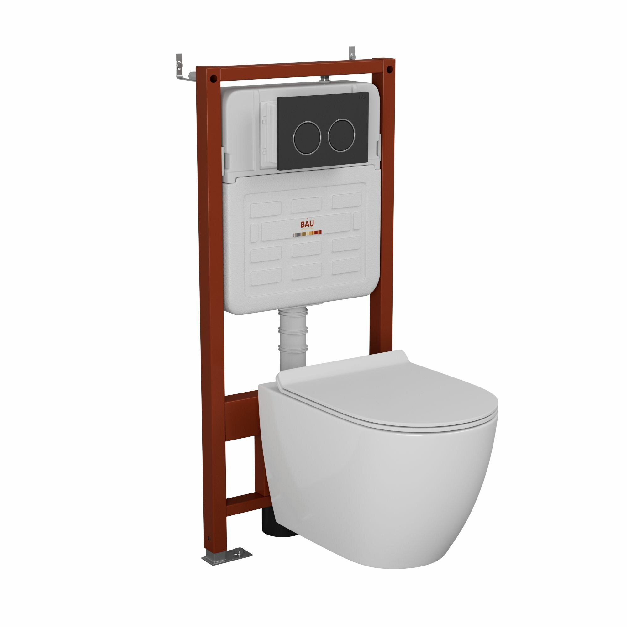 фото Комплект BAU 6 в 1: усиленная инсталляция BAU IDEAL, унитаз подвесной безободковый Bau Dream, сиденье дюропласт микролифт, клавиша BAU Round, черная матовая