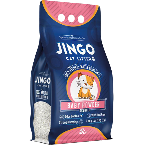 Jingo бентонитовый комкующийся наполнитель для кошачьего туалета, с ароматом детской присыпки 5 л