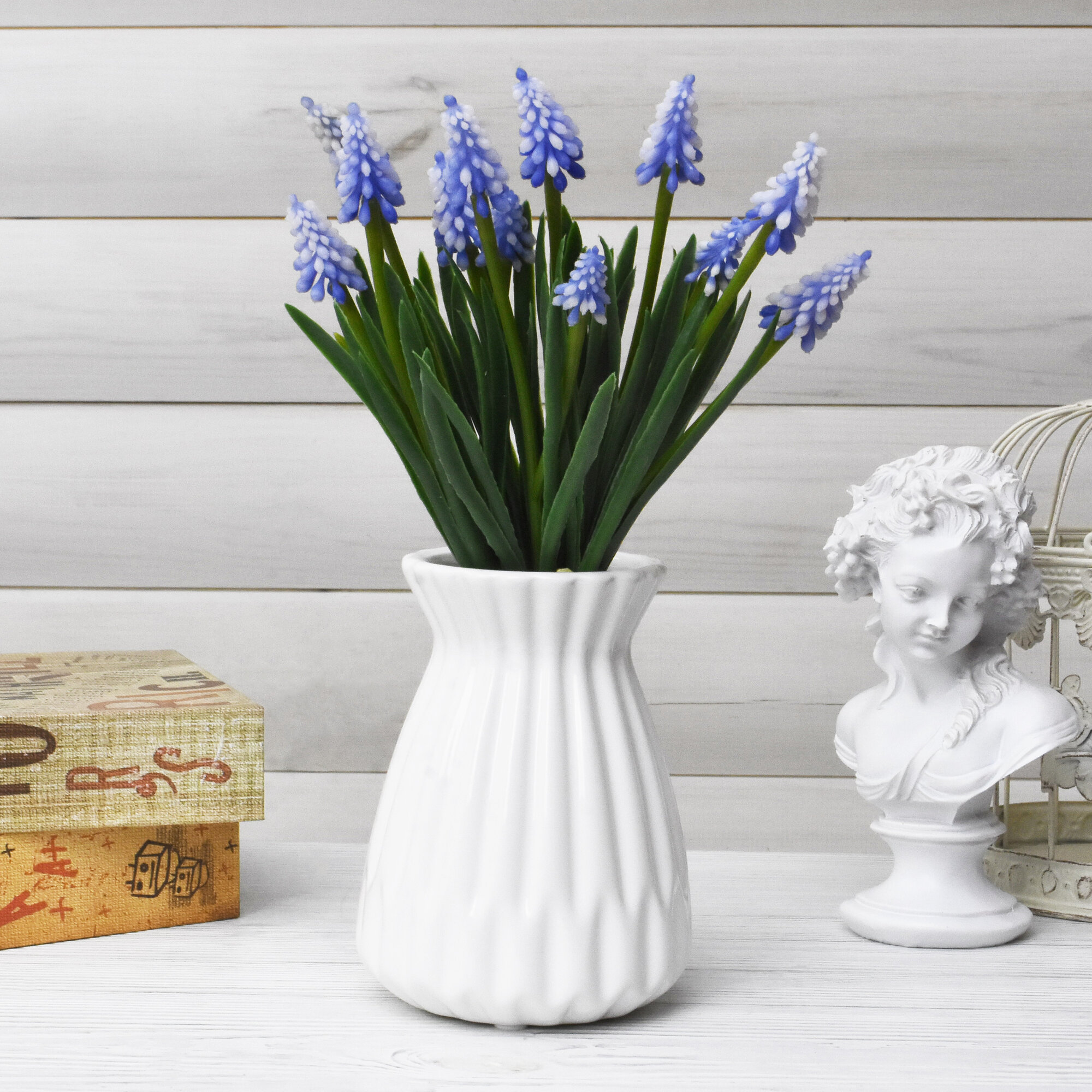 Мускари из силикона Бело-синие (12 соцветий) / Реалистичный искусственный цветок / Мускари из латекса