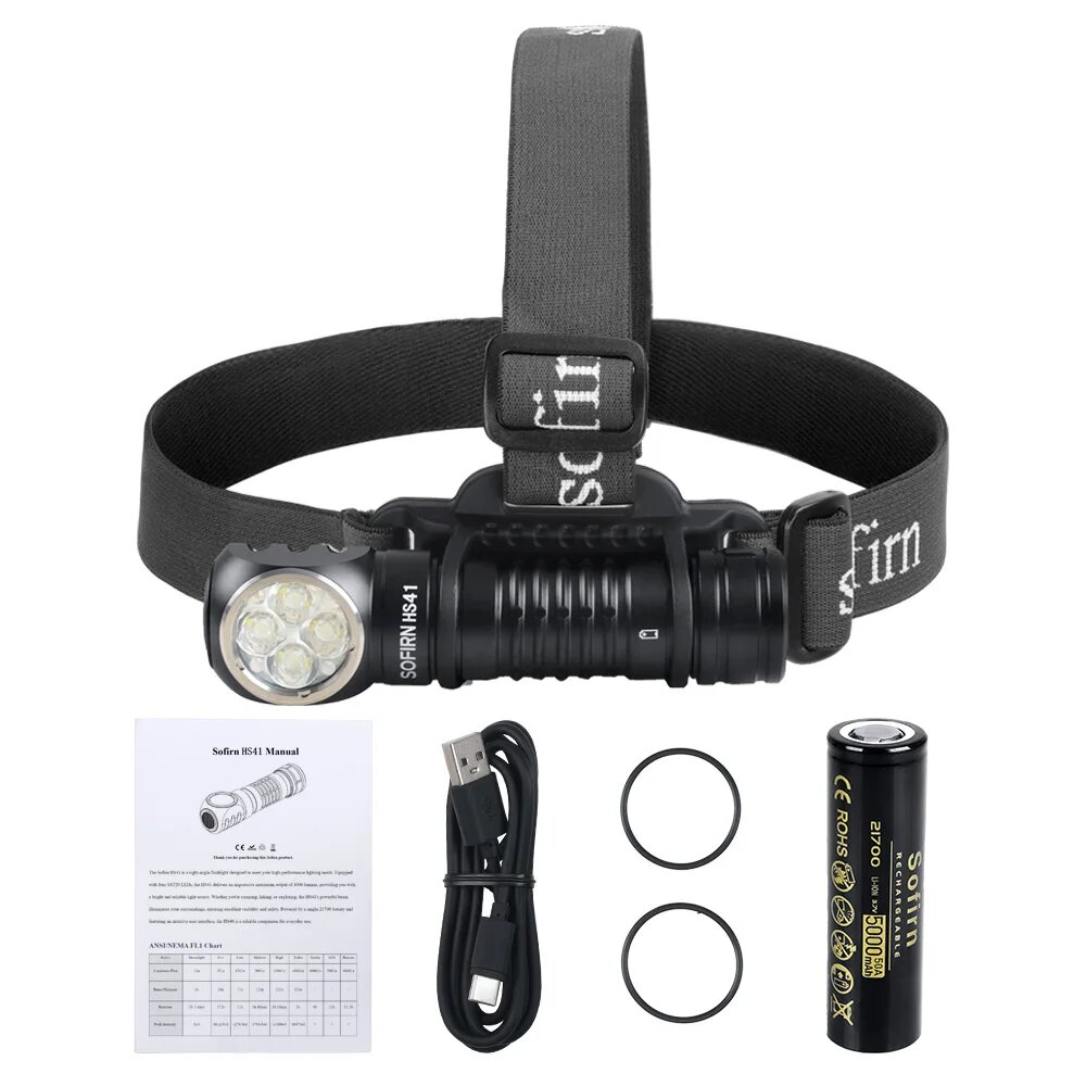 Налобный фонарь Sofirn HS41 6500k для взрослых, 5000-5300K, with 21700 battery, Черный