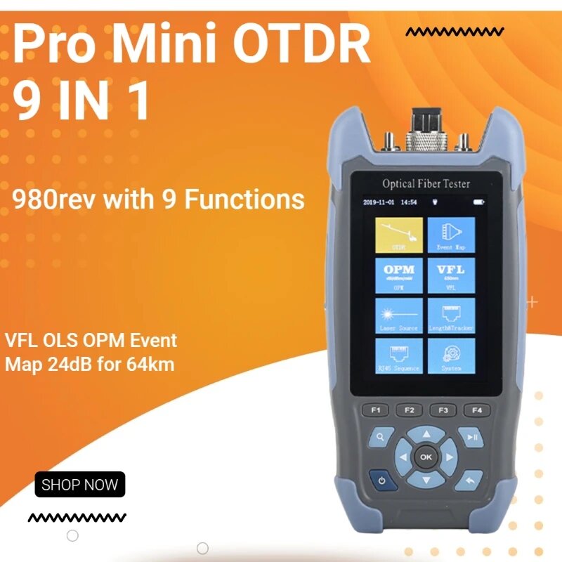 Оптоволоконный рефлектометр Pro Mini OTDR 980rev с 9 функциями VFL OLS OPM Карта событий 24 дБ для тестера Ethernet оптоволоконного кабеля 64 км, 1310 1550nm UPC