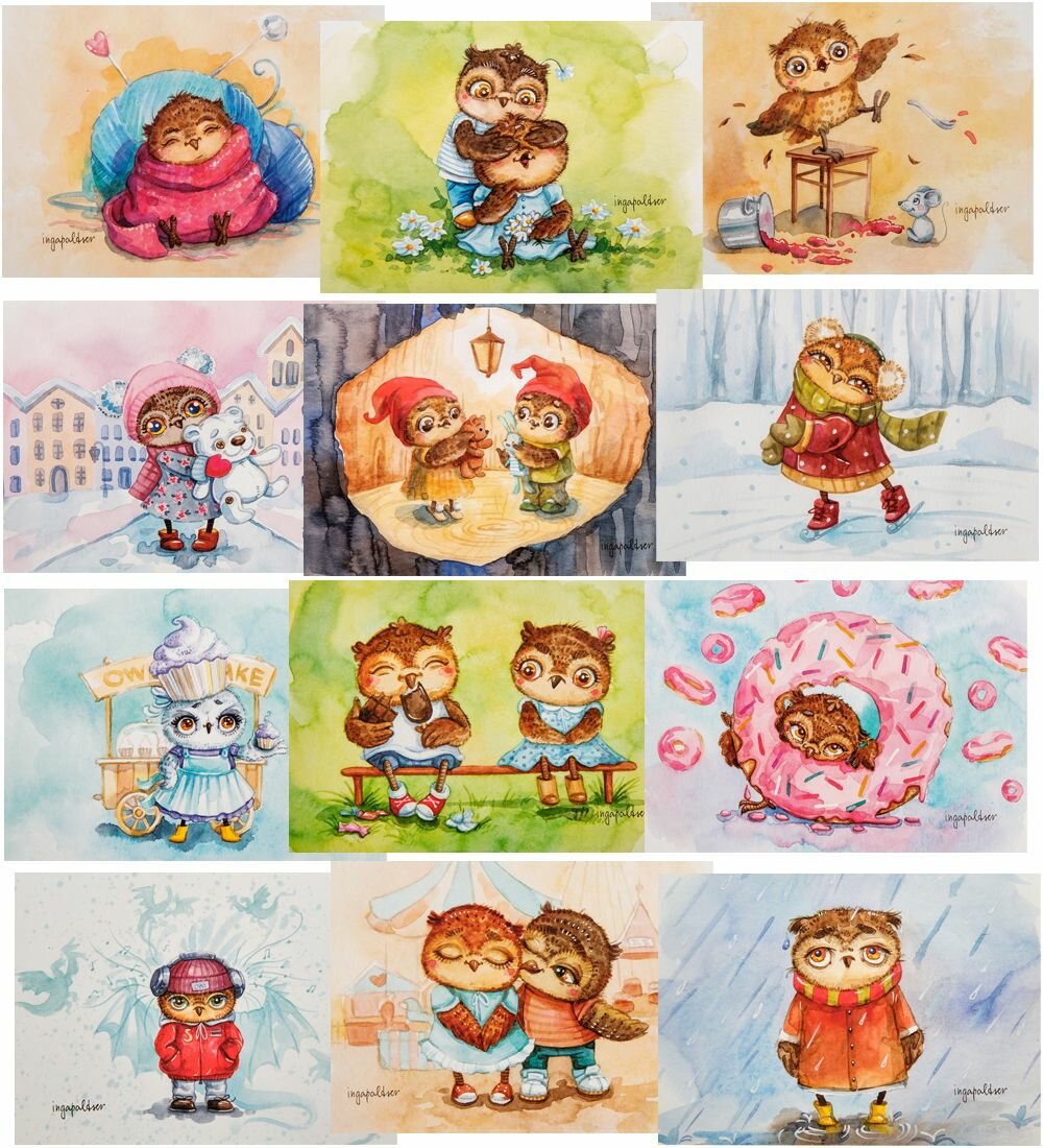 SZ 572 Набор из 12 почтовых открыток  Совы   2  И  Пальцер