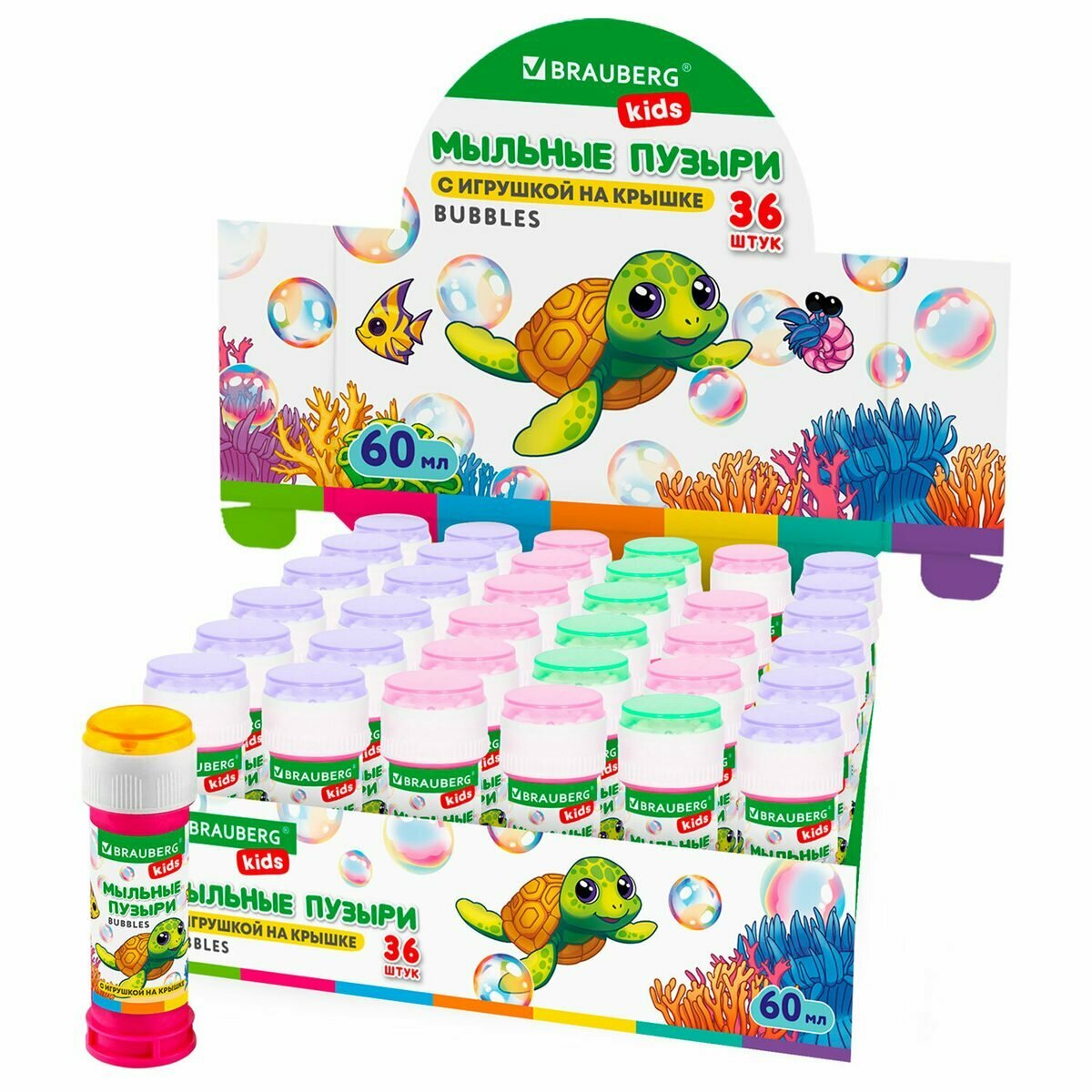 Мыльные пузыри Brauberg Kids, 60мл, с игрушкой на крышке, 36 уп.