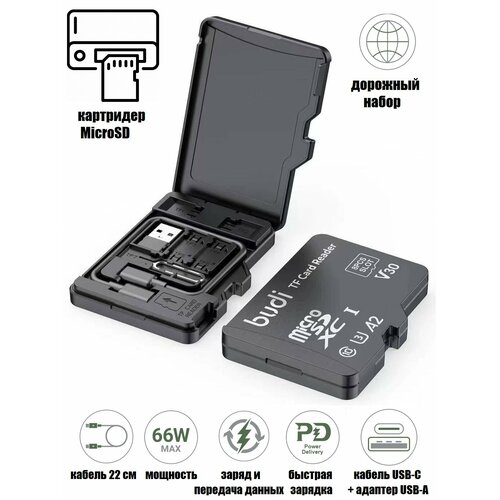 Картридер с кабелем USB-C 65 Вт и органайзер MicroSD карт + адаптер USB-A + скрепка для Sim
