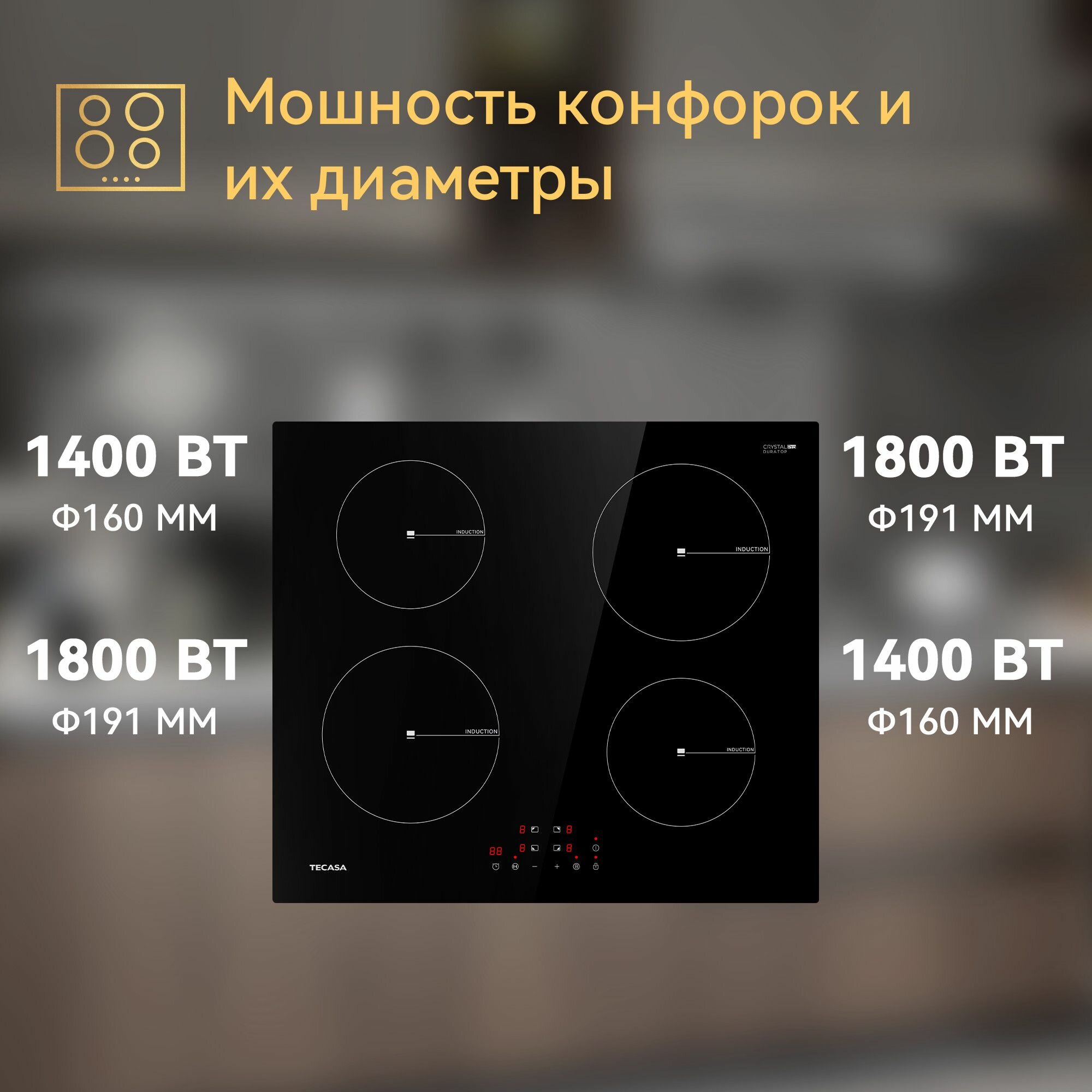 Варочная индукционная панель Tecasa TIH59EB с функцией непрерывного нагрева, Сенсорное управление, Мощность 7000 Вт, Таймер, Защитное автоотключение, 4 конфорки, 9 уровней мощностей — фото 1