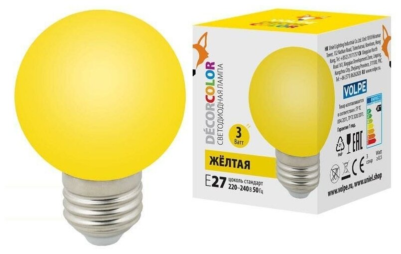 Volpe Лампа светодиодная Volpe E27 3W желтая LED-G60-3W/Yellow/E27/FR/С UL-00006961