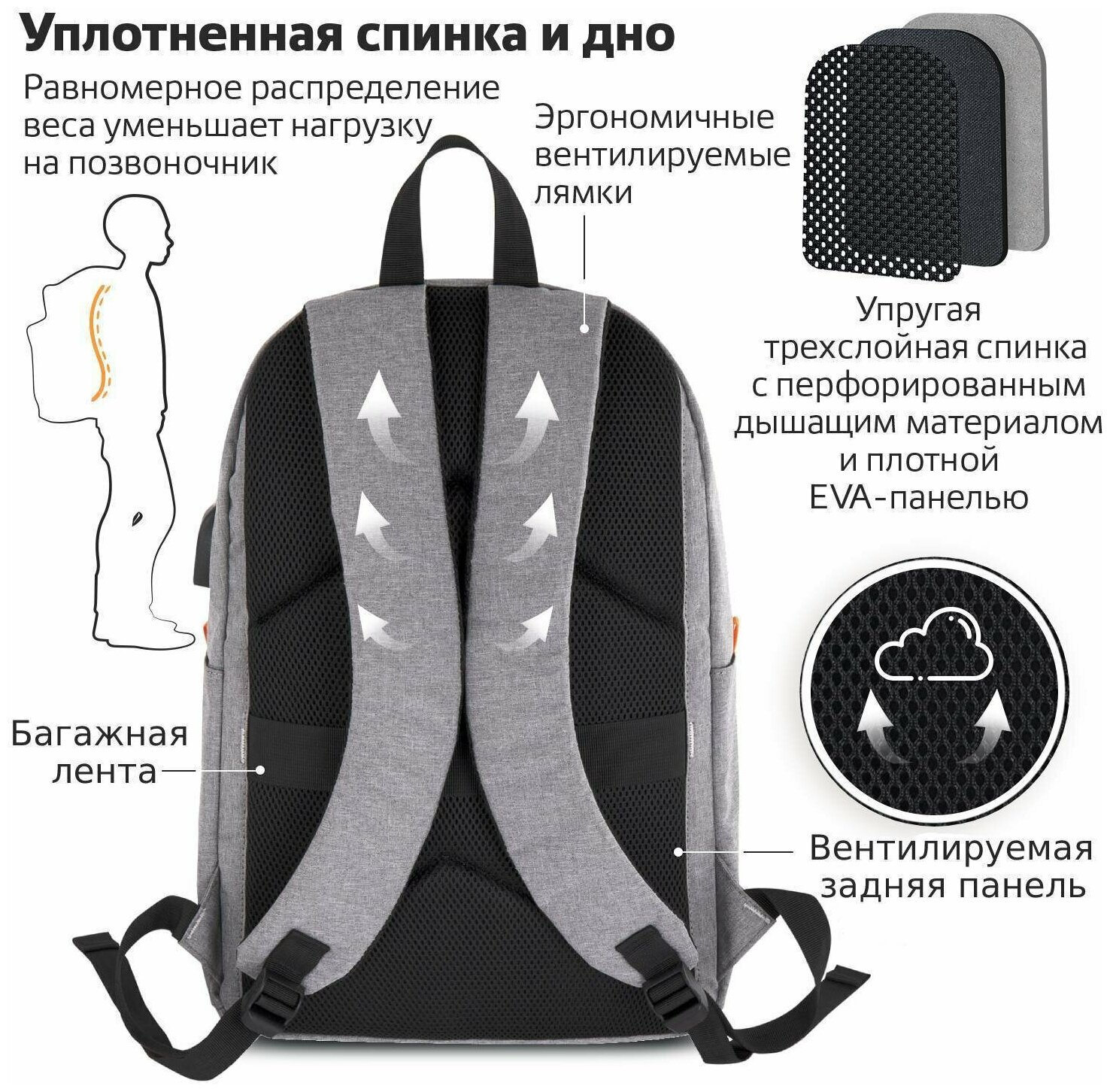 Рюкзак Brauberg 270806 URBAN с отделением для ноутбука USB-порт серый 44х31х14 см