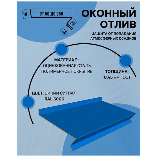 Отлив оконный (цокольный) металлический сложный ширина 60 мм длина 1250 мм синий сигнал RAL 5005