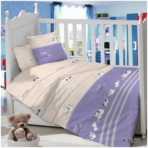 Ясельное постельное белье из сатина с простыней на резинке Счастливые котики