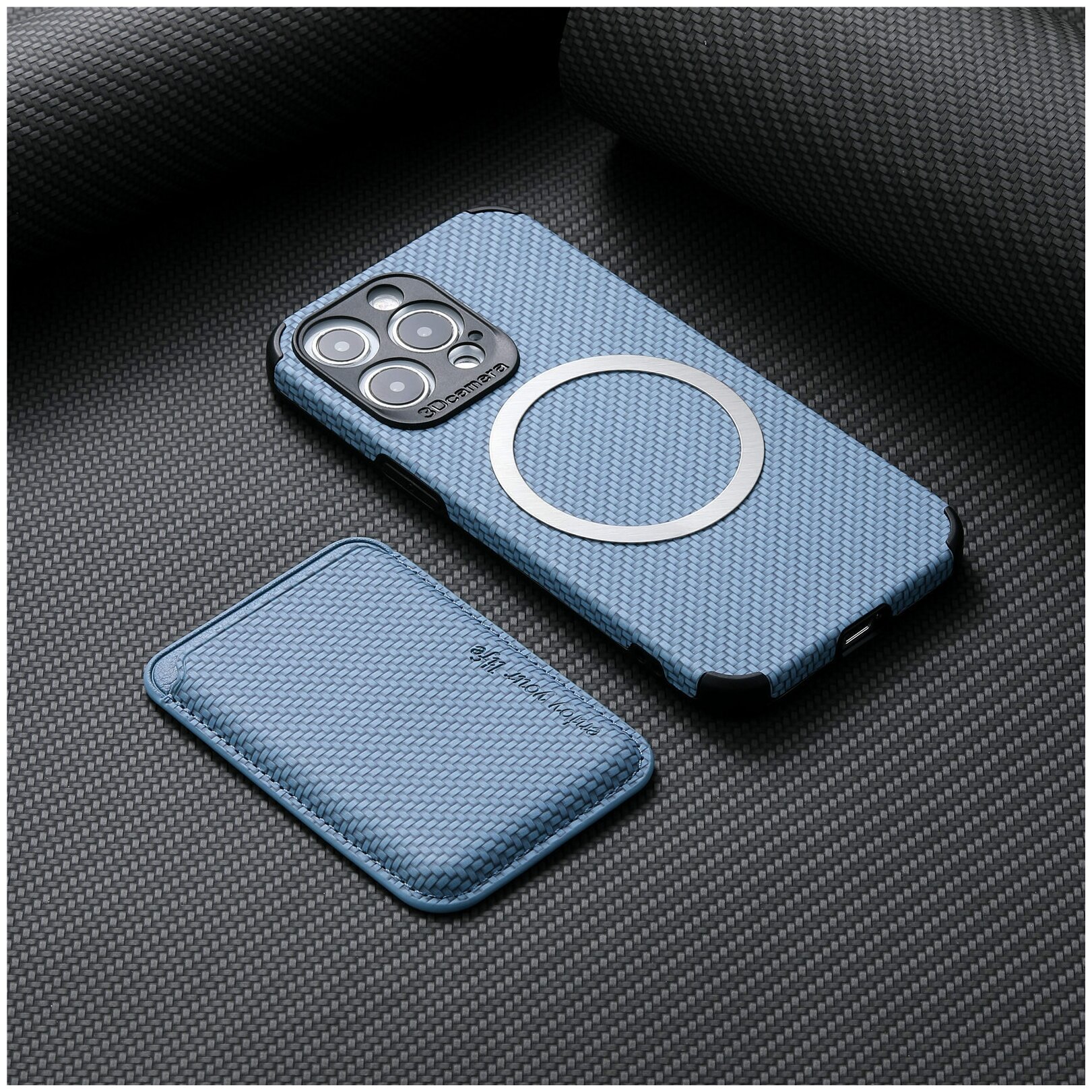 Комплект чехол MagSafe с защитой камеры + Магнитный чехол для пластиковых карт MagSafe Wallet для Apple iPhone 13 Pro голубой