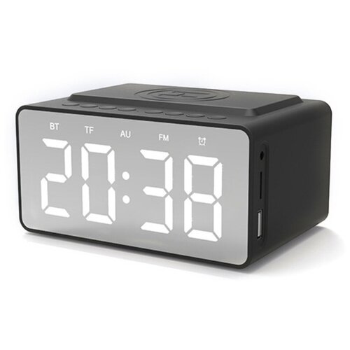 Часы будильник MyPads A127-469 с крупными цифрами мощными качественными динамиками и встроенной беспроводной зарядкой телефонов AUX Bluetooth