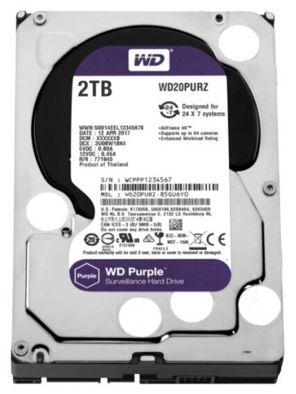 Жесткий диск 3.5" Western Digital WD Purple 2 ТБ, SATA III, 256 Mb, 5400 rpm (WD22PURZ)