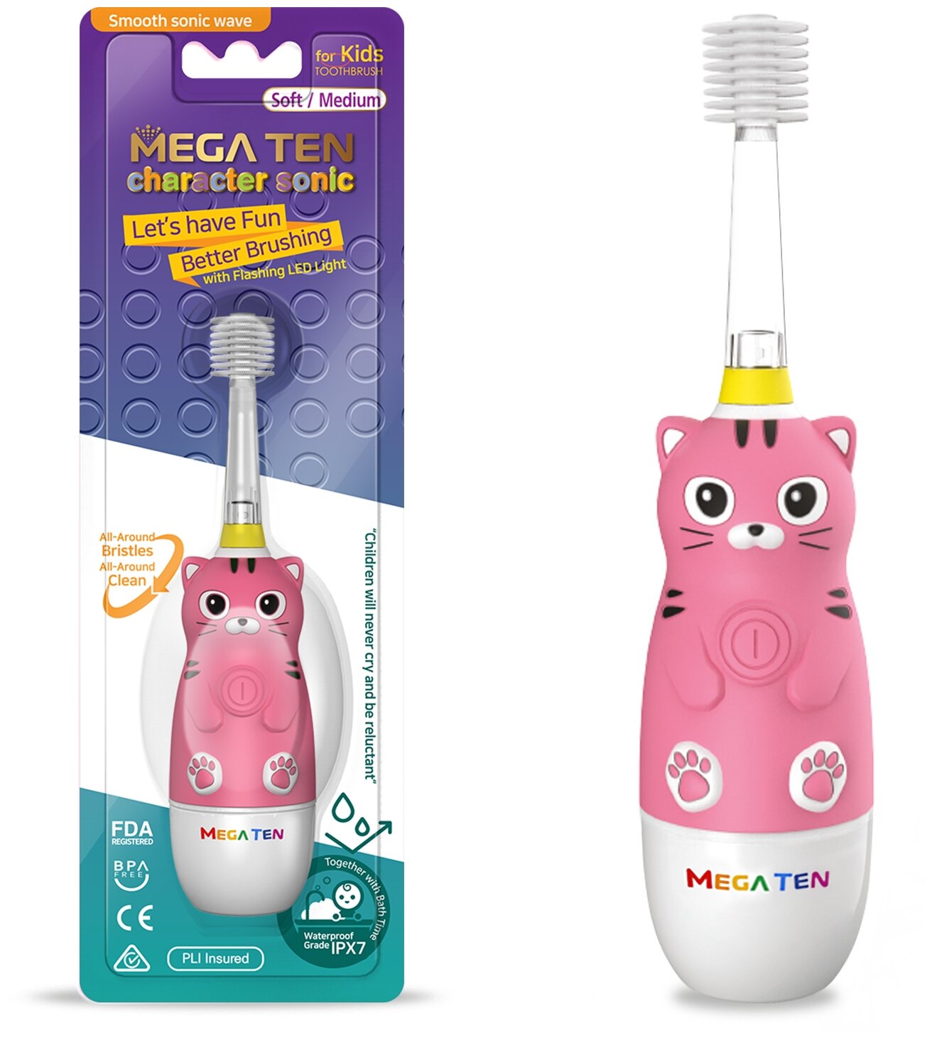 Электрическая детская звуковая зубная щетка MEGA TEN megaten KIDS SONIC Котенок - фотография № 1