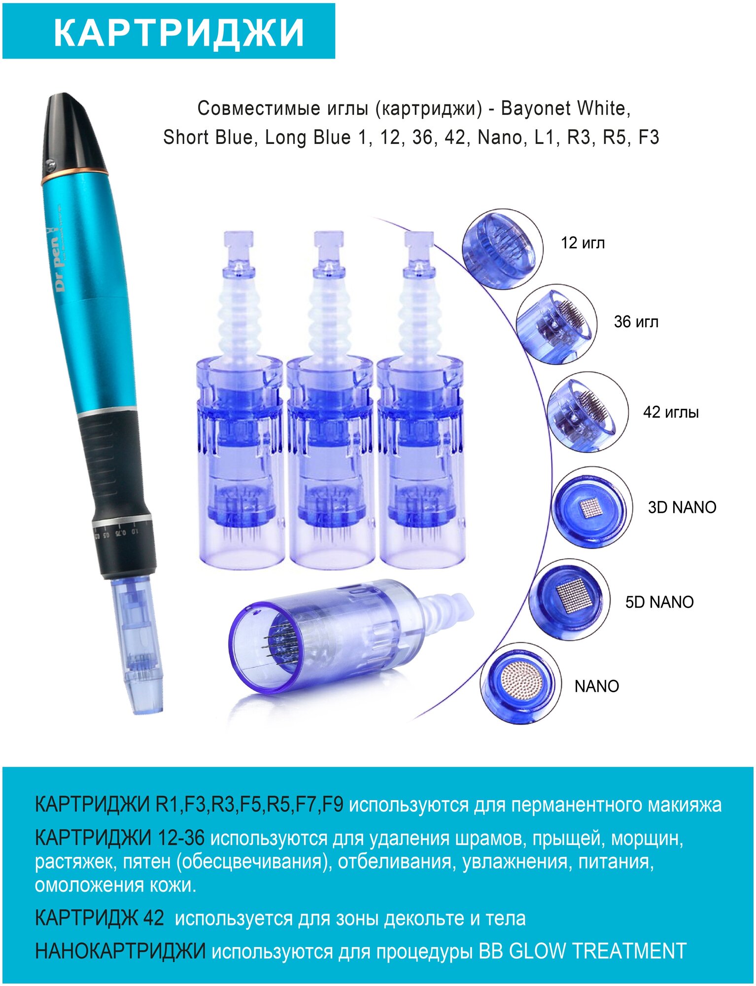 Dr.pen Картридж для дермопен мезопен / на 36 игл / насадка для аппарата dr pen / дермапен / синий длинный, 5 шт - фотография № 8