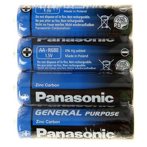 Батарейка солевая Panasonic General Purpose, AA, R6-4S, 1.5В, спайка, 4 шт. батарейки panasonic r6 gen purpose sr8 б б 48шт
