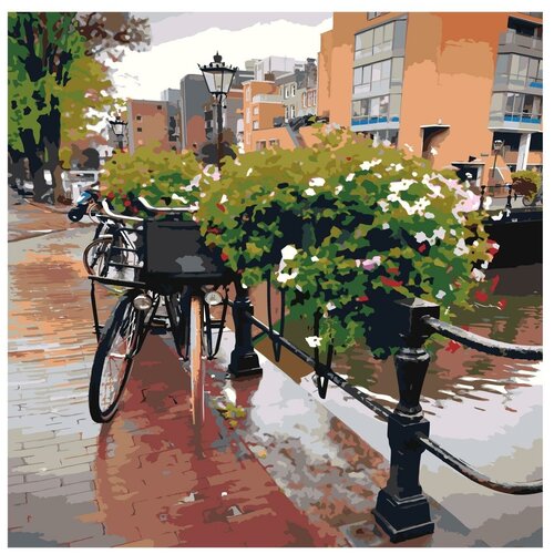 Картина по номерам, Живопись по номерам, 100 x 100, ETS244-4040, велосипед, городской пейзаж, Европа, здание, цветы, дождь, осень