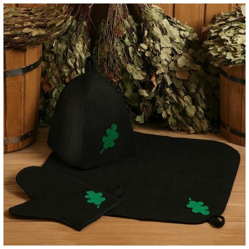 Набор с аппликацией Дубовый лист: шапка рукавица коврик (в пакете) подарочный набор для бани дубовый лист