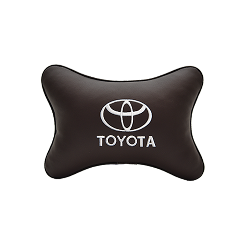 Автомобильная подушка на подголовник экокожа Coffee (белая) с логотипом автомобиля TOYOTA