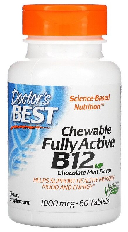 Таблетки Doctor's Best Chewable Fully Active B12 со вкусом шоколада и мяты 1000 мкг