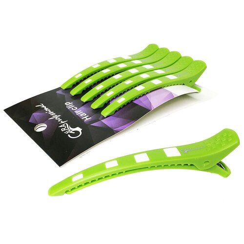 Gera Professional Зажим для волос, цвет зеленый с белой силиконовой вставкой, 6 шт/уп