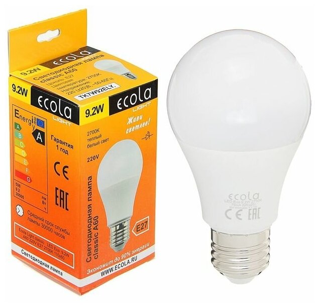 Лампа светодиодная Ecola Light classic, Е27, А60, 9.2 Вт, 2700 К, 110x60 мм