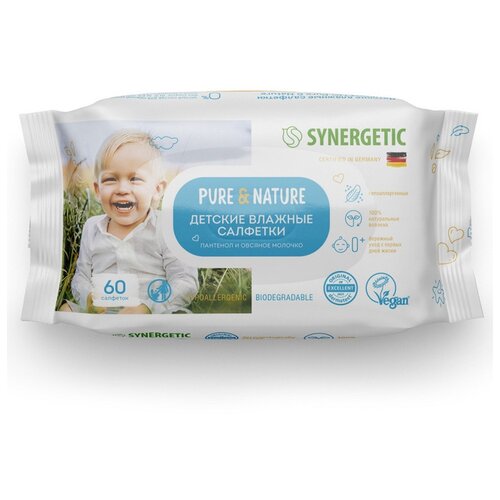 Детские влажные салфетки SYNERGETIC Pure &Nature «Пантенол и овсяное молочко» гипоаллергенные, биоразлагаемые, для новорожденных 0+, большая упаковка 240 шт. / 4 уп. по 60 шт.