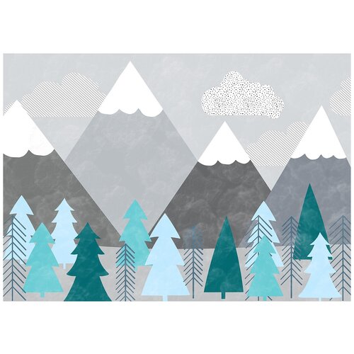 Горы и ели. Скандинавский стиль серый - Виниловые фотообои, (211х150 см)