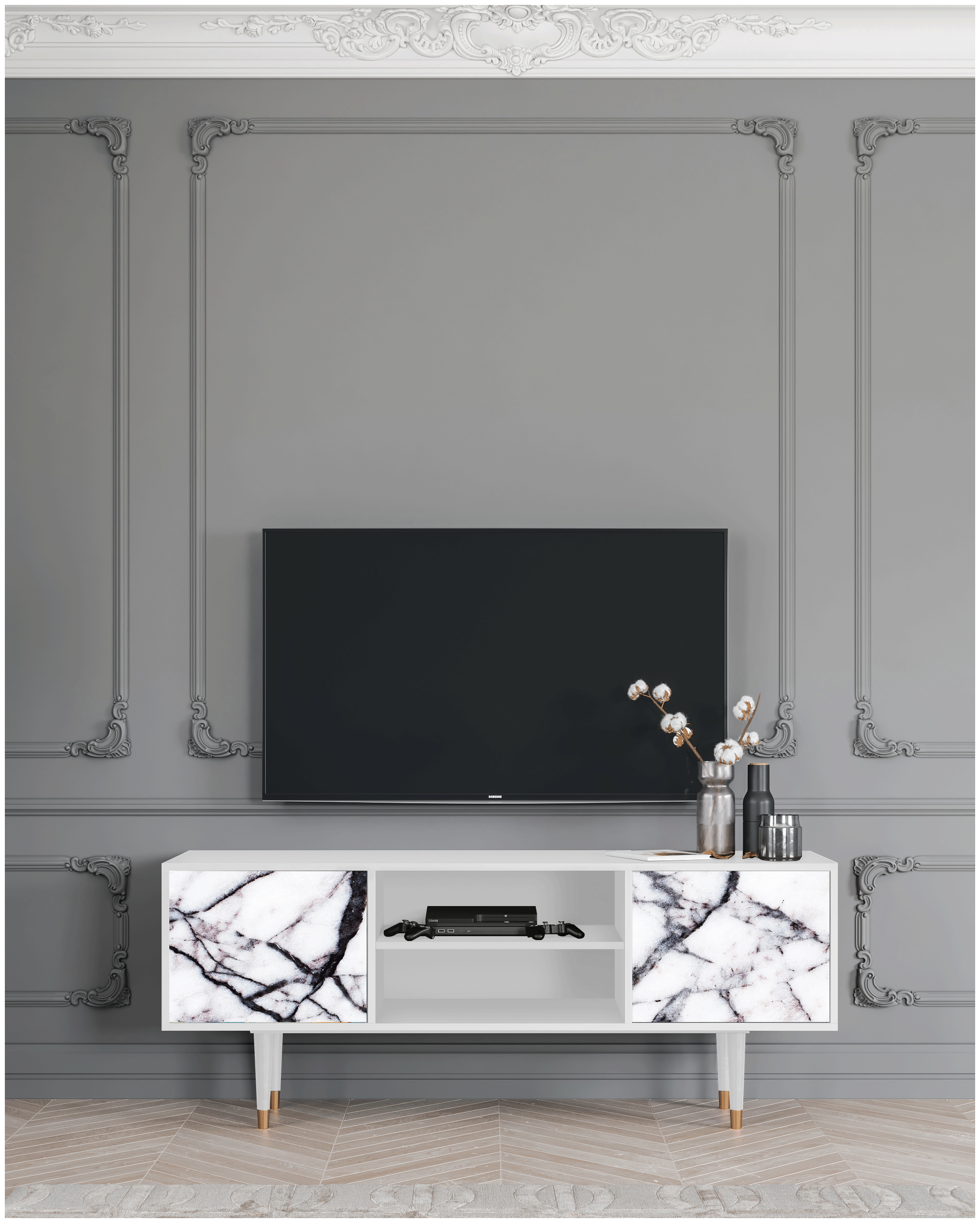 ТВ-Тумба - STORYZ - T2 Raven Marble, 170 x 69 x 48 см, Белый