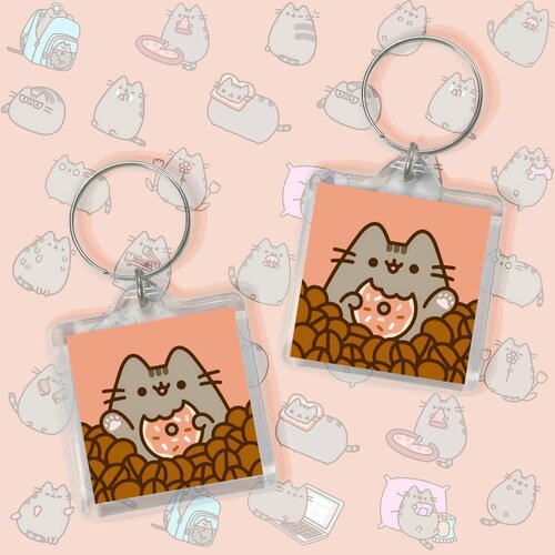 Брелок кот пушин с пончиком, глянцевая фактура, бежевый, коричневый