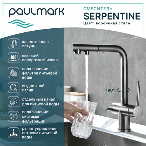 Кухонный смеситель с гибким выдвижным изливом Paulmark SERPENTINE, подключение к системе фильтрации воды по отдельному каналу, Г-образный, латунь, на мойку / столешницу, вороненая сталь, Se213222-GM