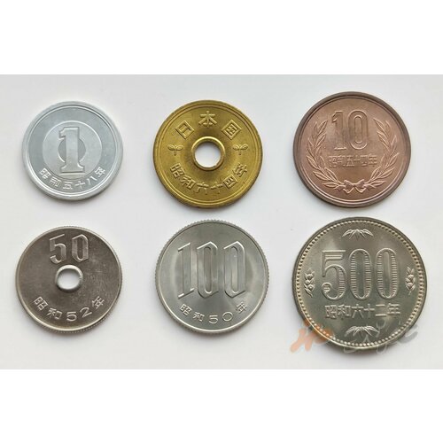 Япония. Полный набор монет 1, 5, 10, 50, 100 и 500 йен. Эпоха Сёва (1949-1989). UNC финляндия набор монет от 1 до 5 евро центов 2002 2004 г в состояние unc без обращения