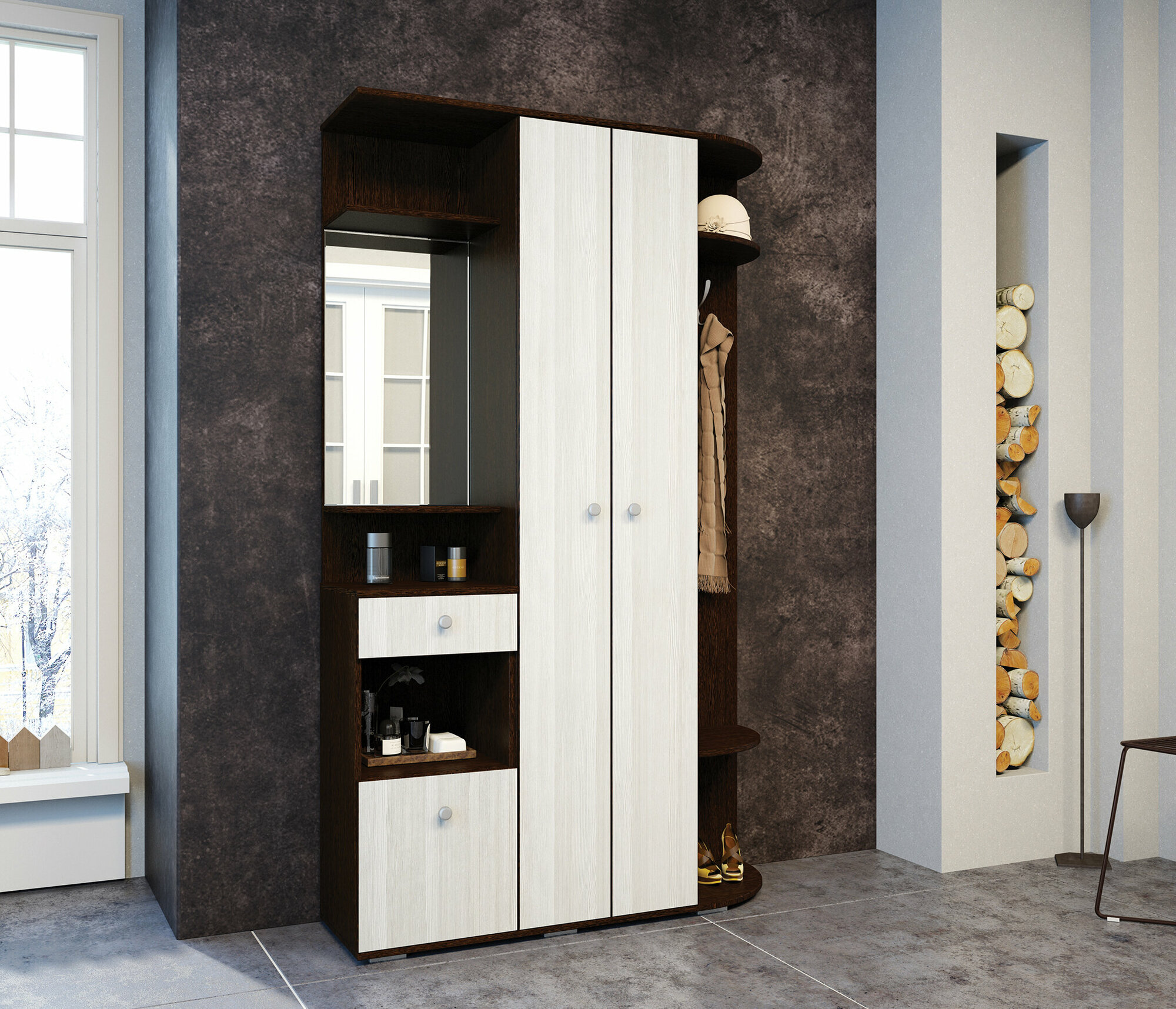 фото Вешалка в прихожую столплит Виза с зеркалом, выдвижным ящиком и полками, ЛДСП, Венге Лоредо, 120х203х35 см