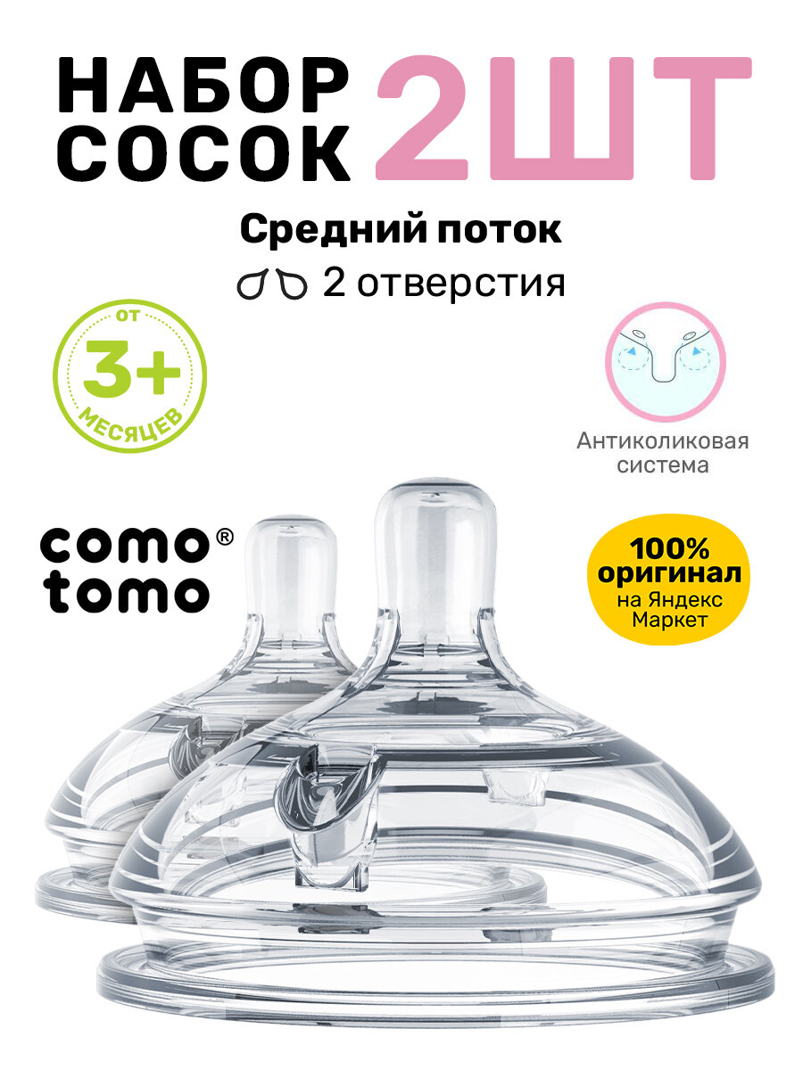 Соска для бутылочек Comotomo Natural Nipple Packs силиконовая набор от 3 мес средний поток