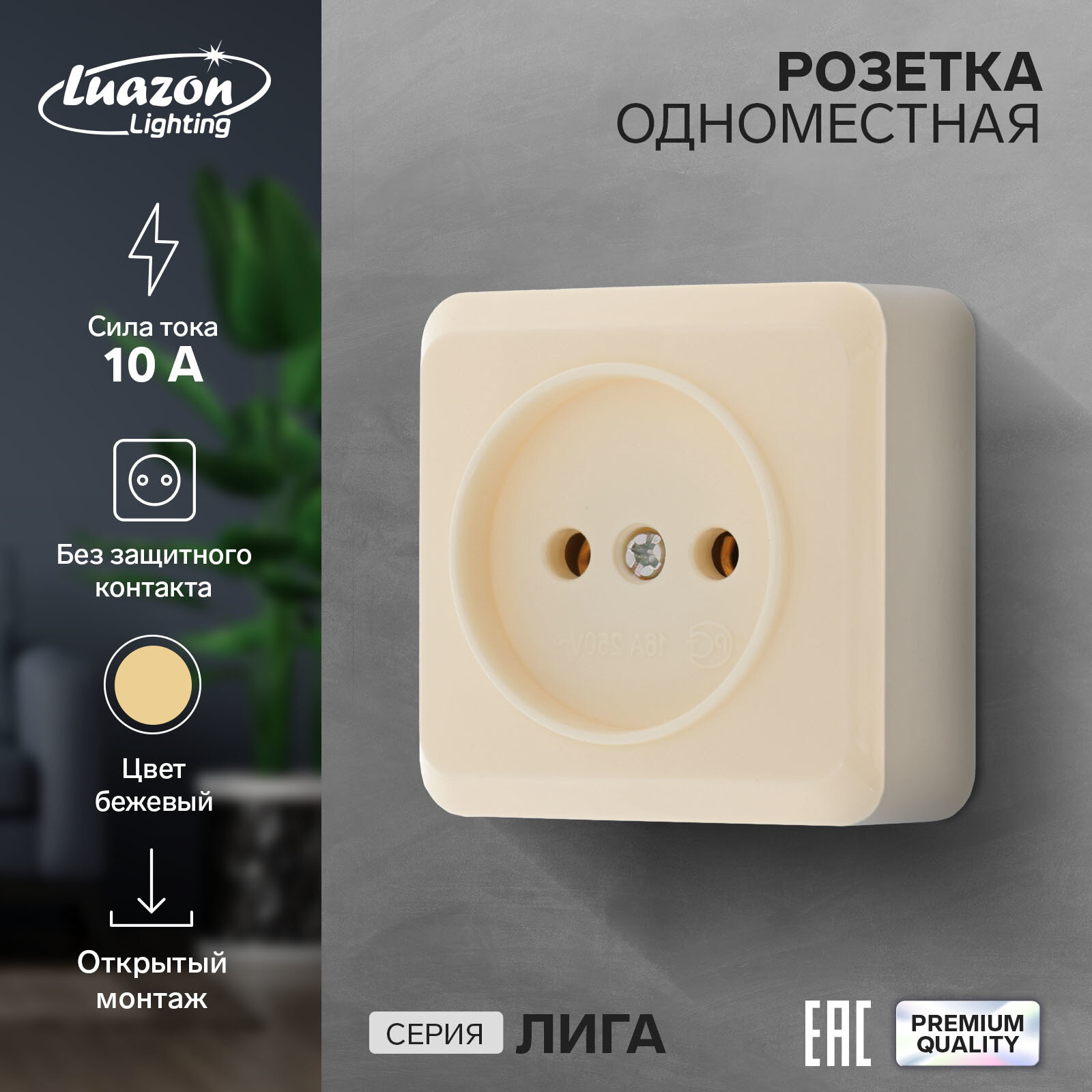 Розетка одноместная Luazon Lighting "Лига", 10 А, накладная, без з/к, бежевая (1шт.)