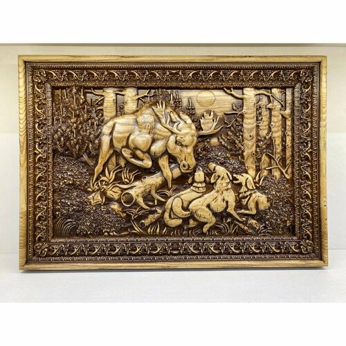 Панно Охота на лося из дерева 41х60 см