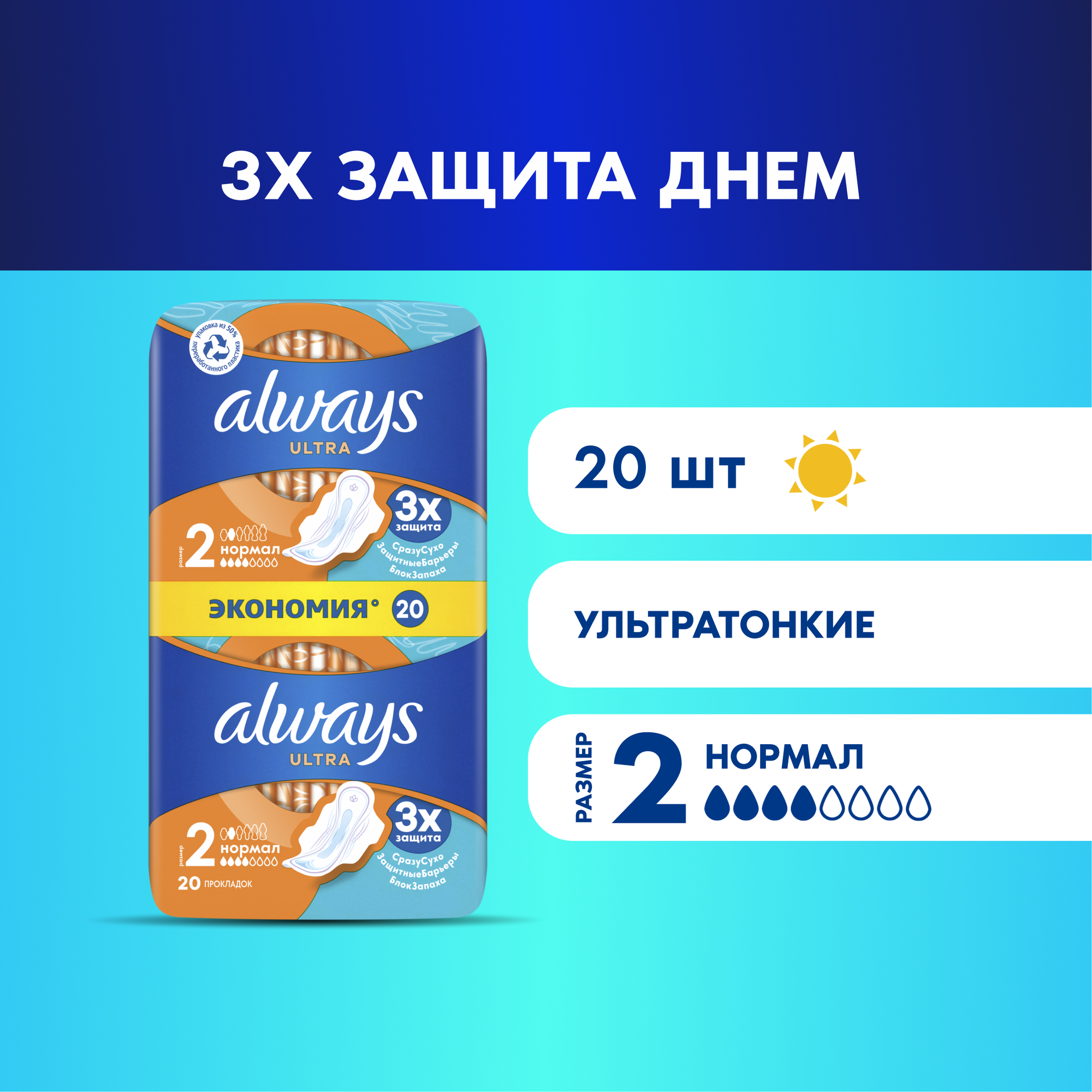 Прокладки Always Ultra Normal, женские гигиенические, с крылышками, 20 шт