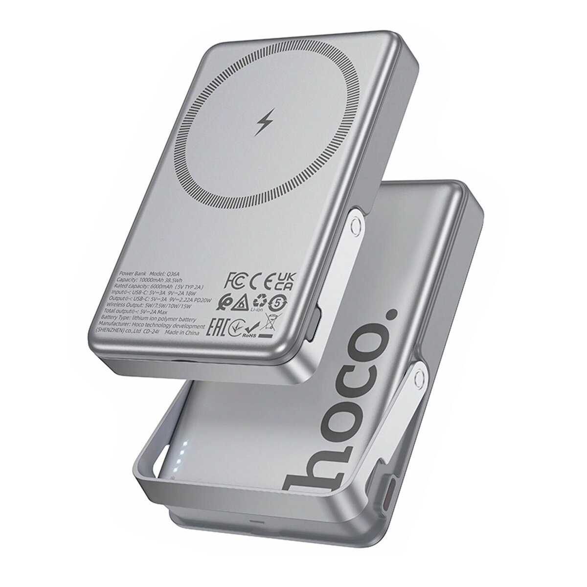 Внешний магнитный беспроводной аккумулятор Hoco Q36A Sunlight, 10000 mAh, MagSafe Qi15W/PD20W, с подставкой, metal grey