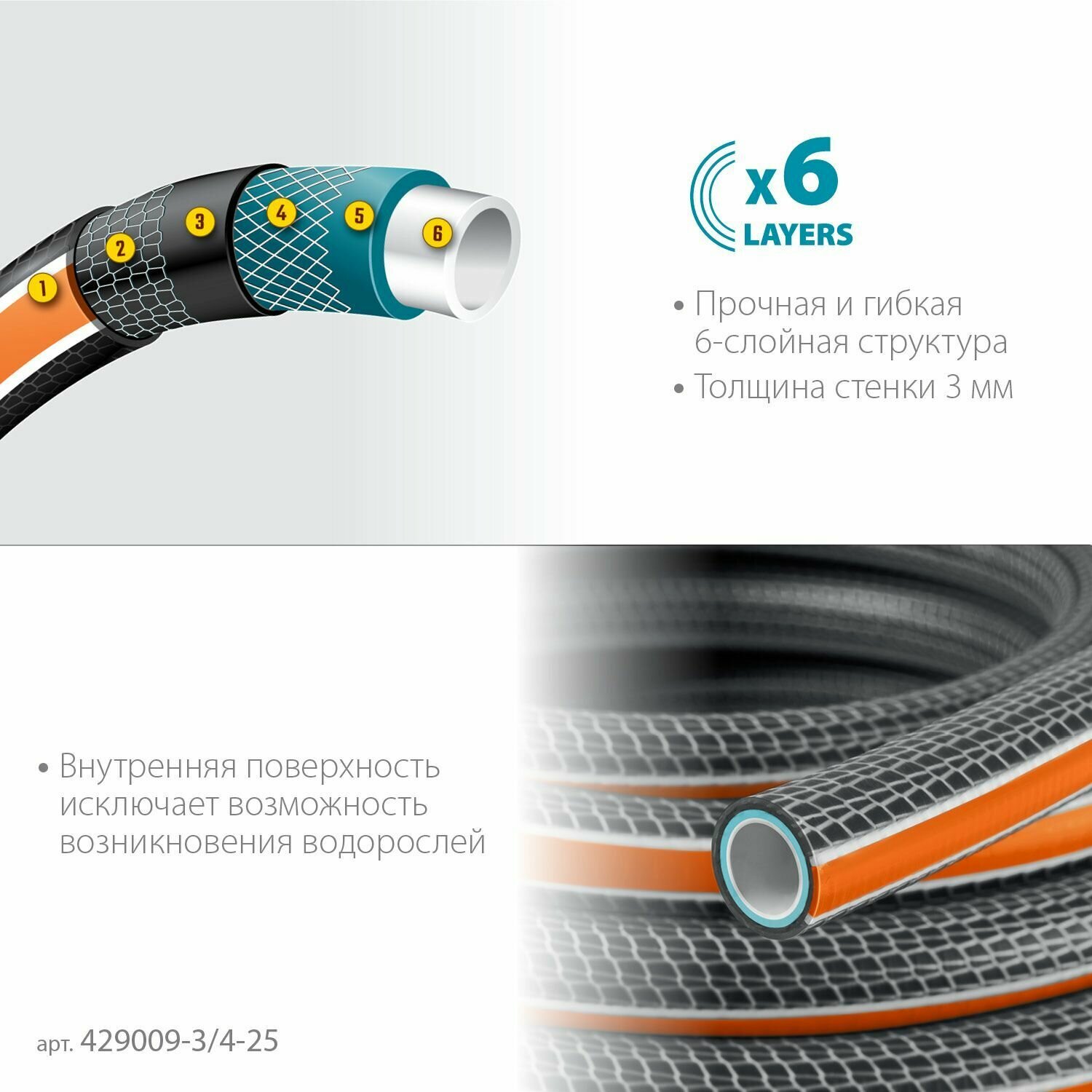 Шланг поливочный пятислойный, двойное армирование, GRINDA ULTRA 6, 3/4″, 25 м, 25 атм, 429009-3/4-25 — фото 1