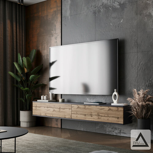 Изображение товара Тумба под телевизор подвесная 200 см для гостиной/спальни серый графит/дуб вотан