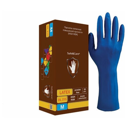 Перчатки латексные смотровые комплект 25 пар (50 шт.), M (средний), синие, SAFE&CARE High Risk, DL 215