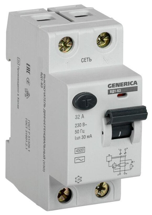 Выключатель дифференциального тока (УЗО) 2п 32А 30мА тип AC ВД1-63 GENERICA, IEK MDV15-2-032-030 (1 шт.)