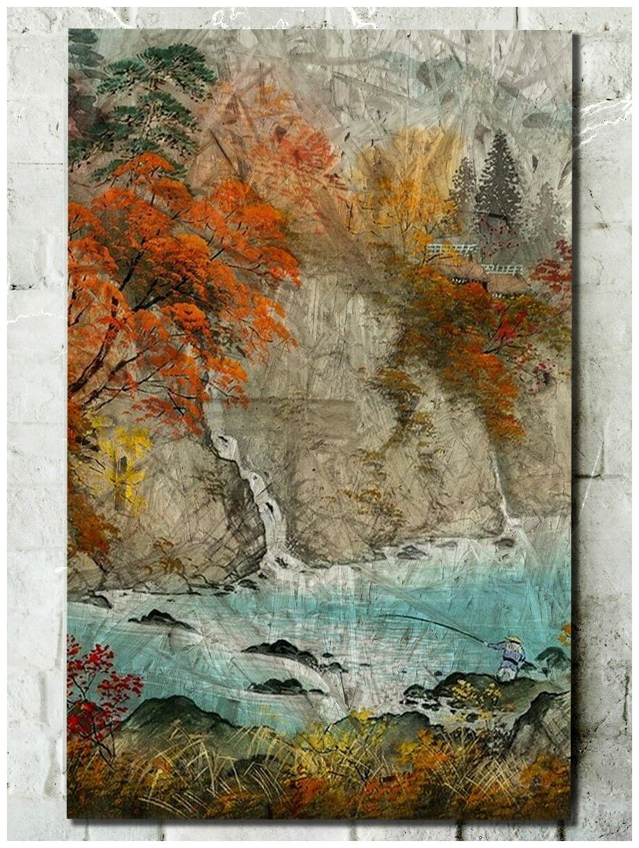 Картина интерьерная на рельефной доске китайская живопись (Го - хуа, горы и воды) - 885