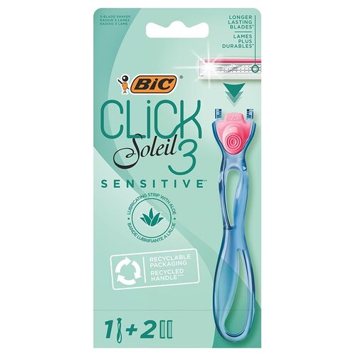 bic станок бритвенный click soleil sensitive с 3 лезвиями 2 кассеты в уп BIC Бритвенный станок Click 3 Soleil Sensitive, 3 шт., с 2 сменными лезвиями в комплекте