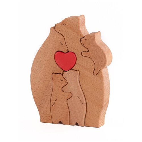 Деревянная фигурка статуэтка пазл, семья медведей 2+3 с сердцем, интерьерное украшение, 11х16х2см, LeoPilit