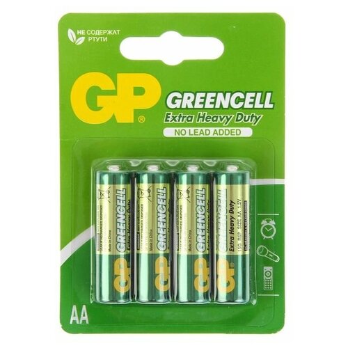 Батарейка солевая GP Greencell Extra Heavy Duty, AA, R6-4BL, 1.5В, блистер, 4 шт. батарейка солевая gp greencell extra heavy duty aa r6 4bl 1 5в блистер 4 шт